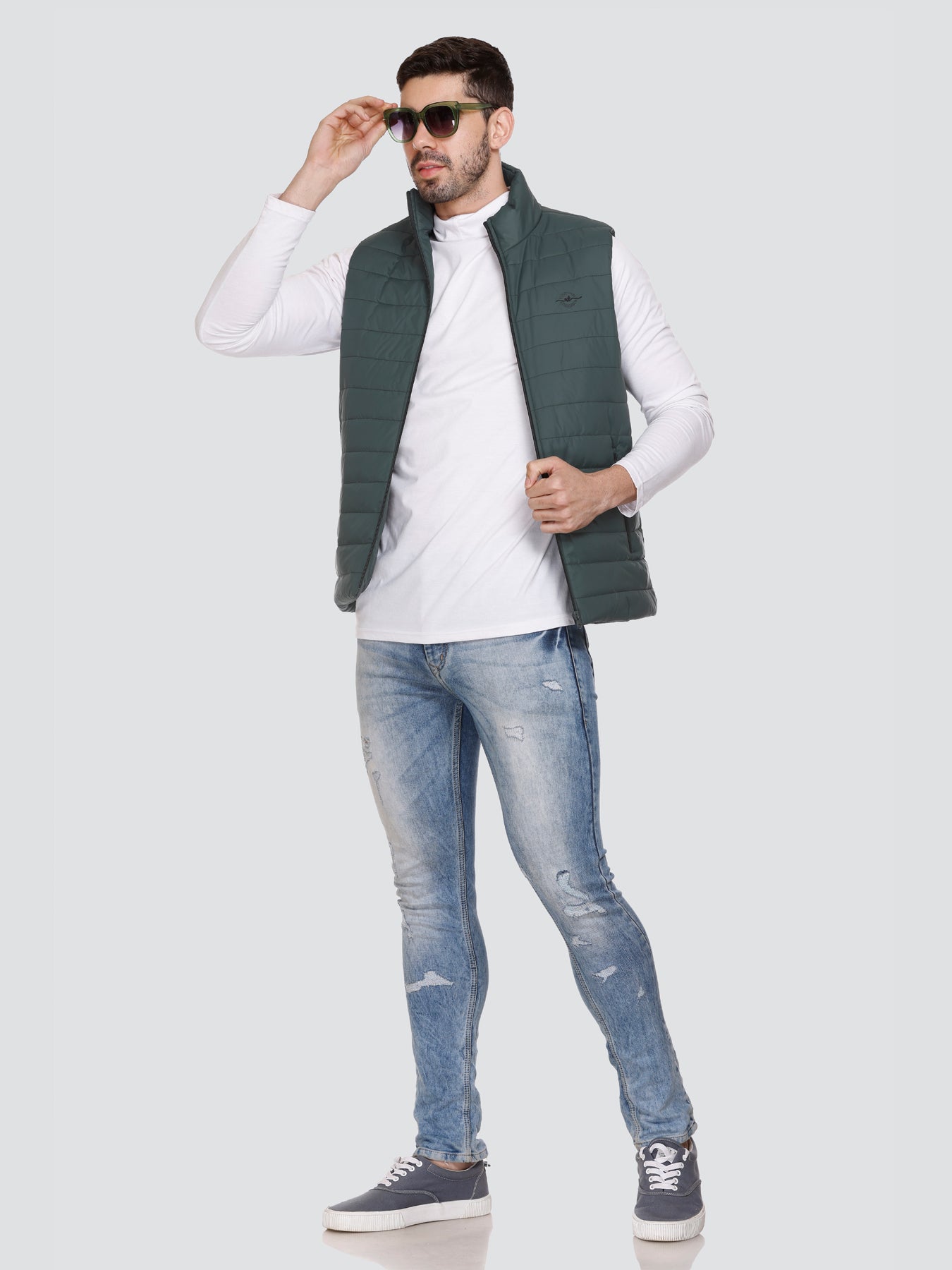 Men Winter Sleeveless Puffer Zipper Jacket Bottle Green