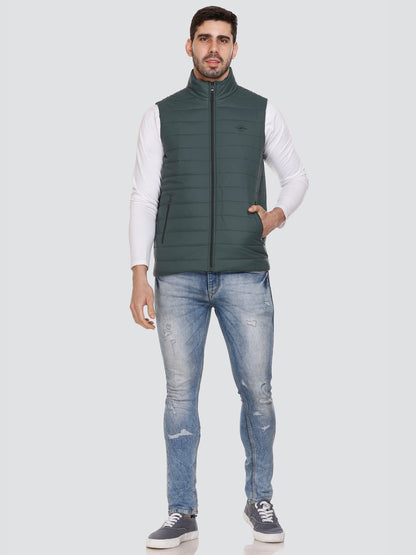 Men Winter Sleeveless Puffer Zipper Jacket Bottle Green