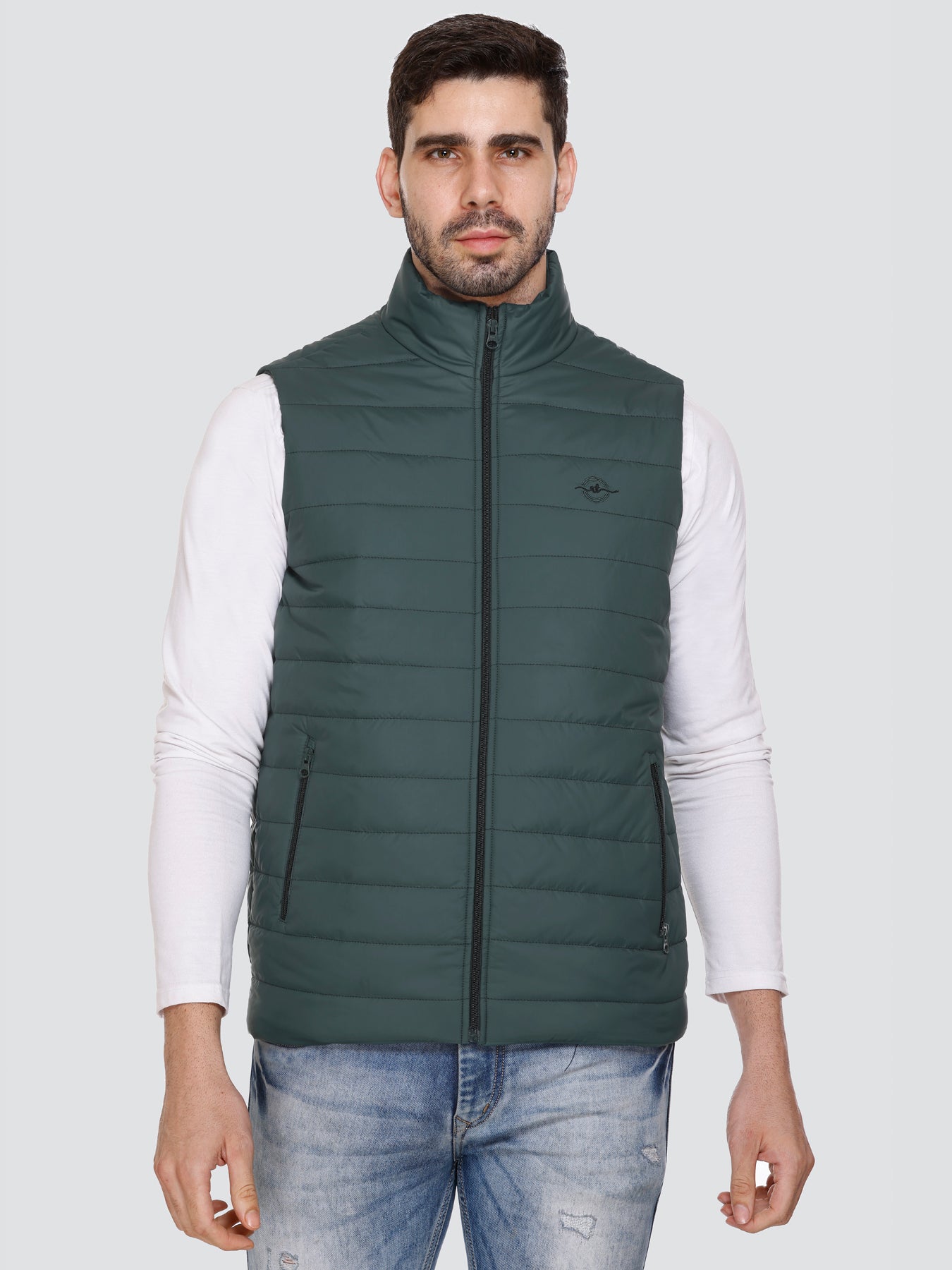 Men Winter Sleeveless Puffer Zipper Jacket Bottle Green
