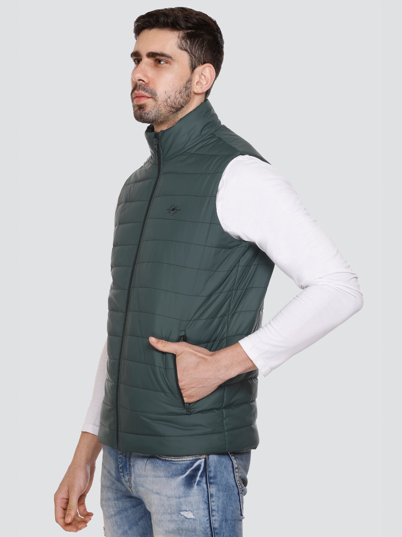 Men Winter Sleeveless Puffer Zipper Jacket Bottle Green
