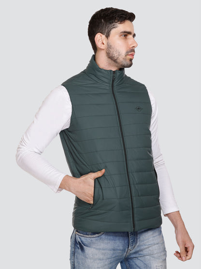 Men Winter Sleeveless Puffer Zipper Jacket Bottle Green