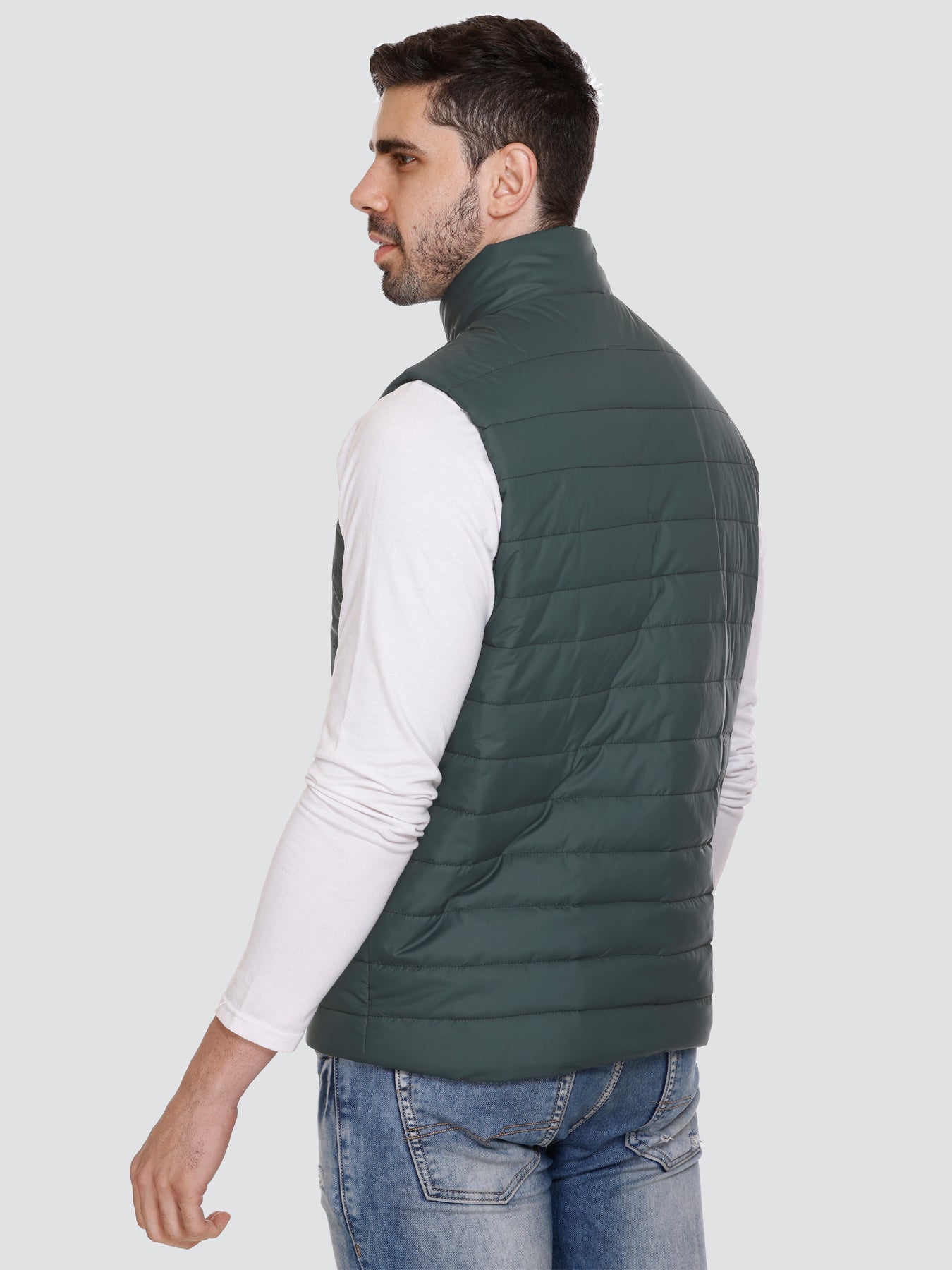 Men Winter Sleeveless Puffer Zipper Jacket Bottle Green