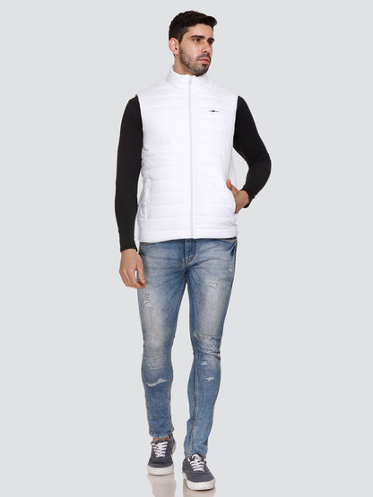 Men Winter Sleeveless Puffer Zipper Jacket White