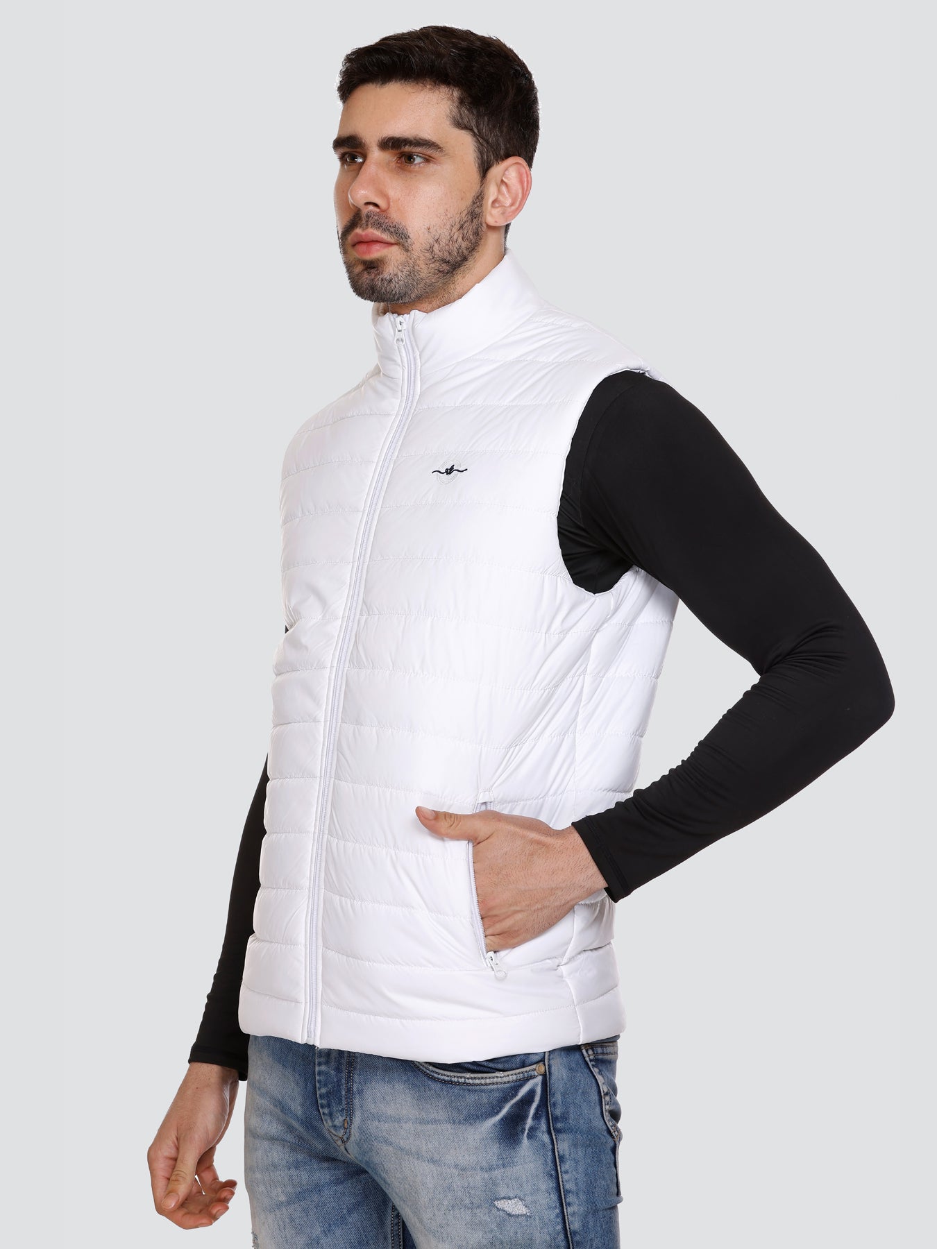 Men Winter Sleeveless Puffer Zipper Jacket White