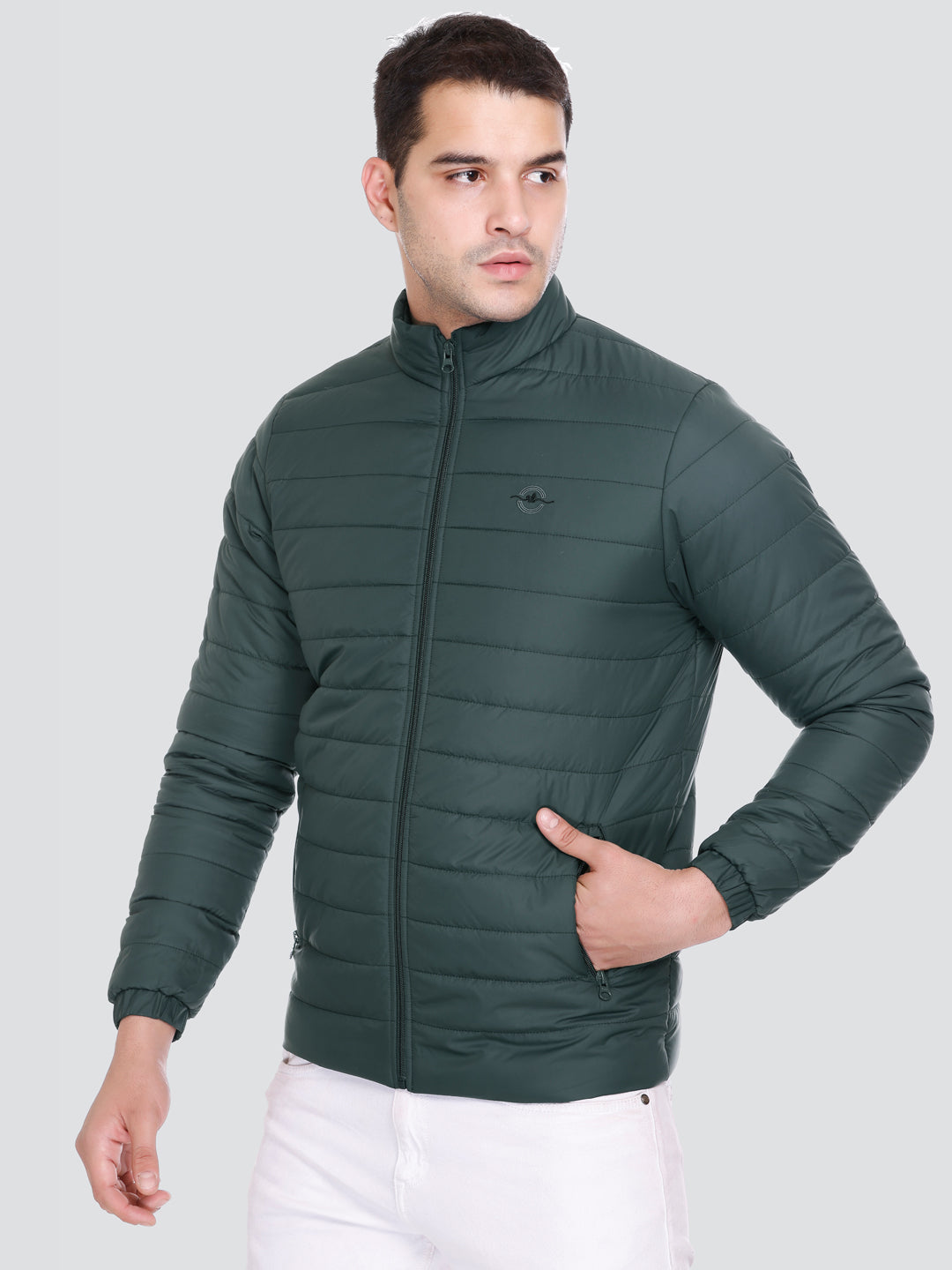 BOTTLE GREEN NYLON ZIPPER MEN Puffer Jacket Singal Side Full Sleeve