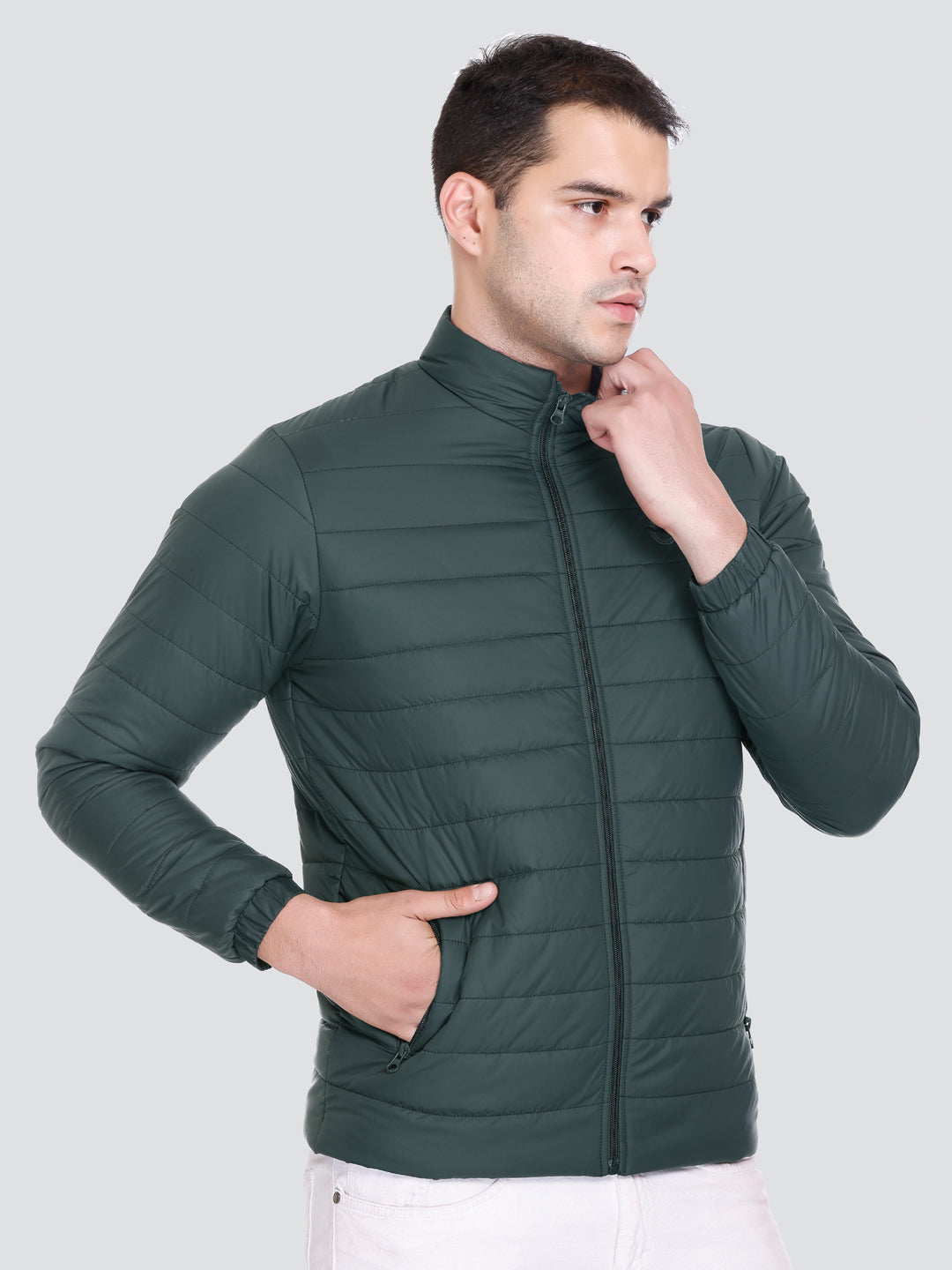 BOTTLE GREEN NYLON ZIPPER MEN Puffer Jacket Singal Side Full Sleeve