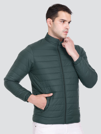 BOTTLE GREEN NYLON ZIPPER MEN Puffer Jacket Singal Side Full Sleeve