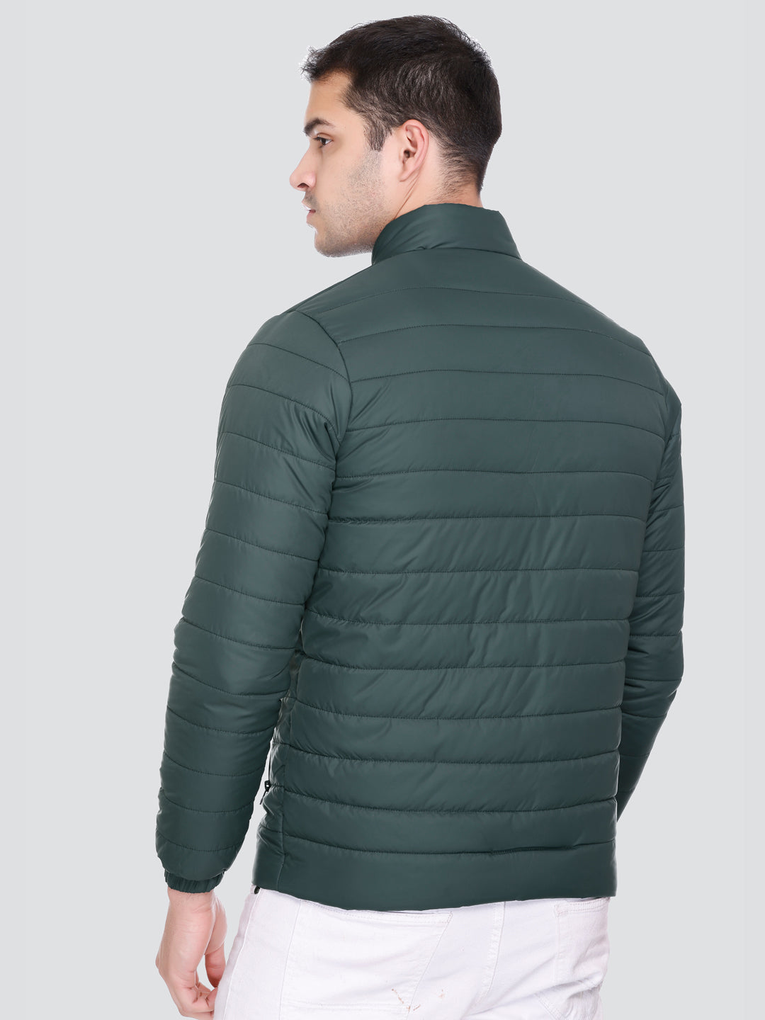 BOTTLE GREEN NYLON ZIPPER MEN Puffer Jacket Singal Side Full Sleeve