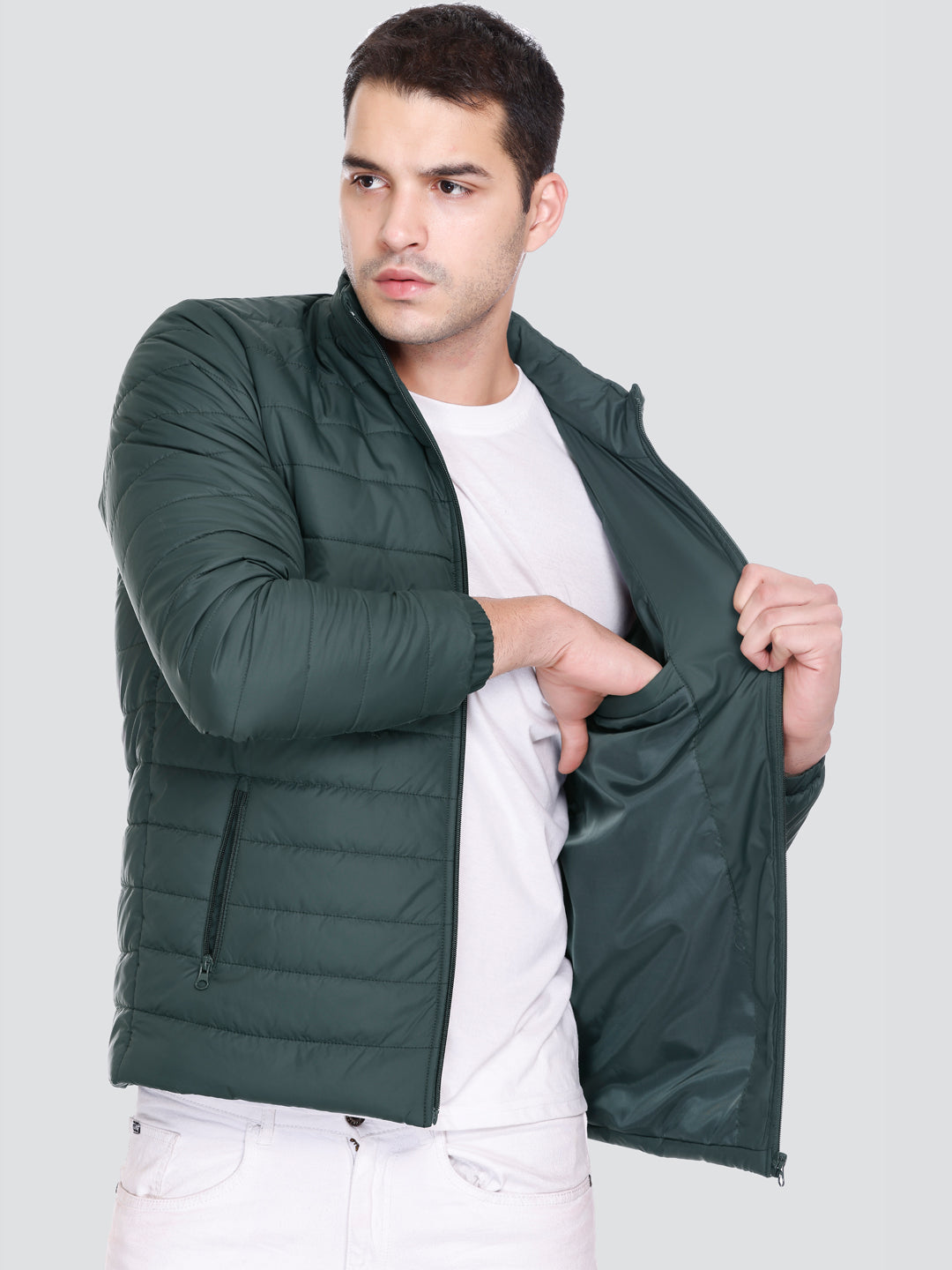 BOTTLE GREEN NYLON ZIPPER MEN Puffer Jacket Singal Side Full Sleeve