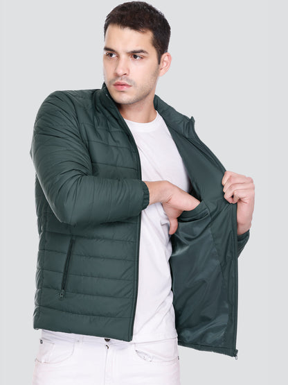 BOTTLE GREEN NYLON ZIPPER MEN Puffer Jacket Singal Side Full Sleeve