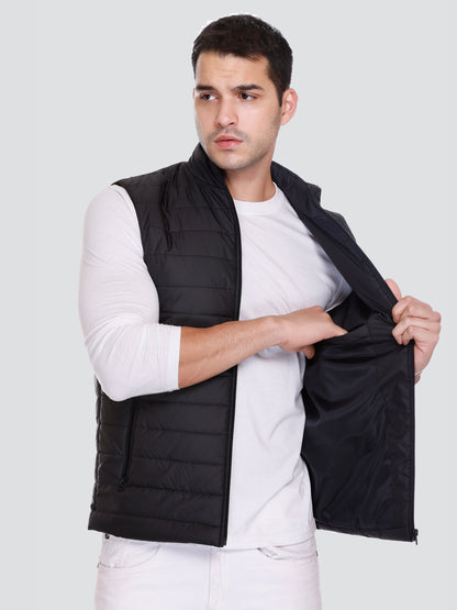 Men Winter Sleeveless Puffer Zipper Jacket Black